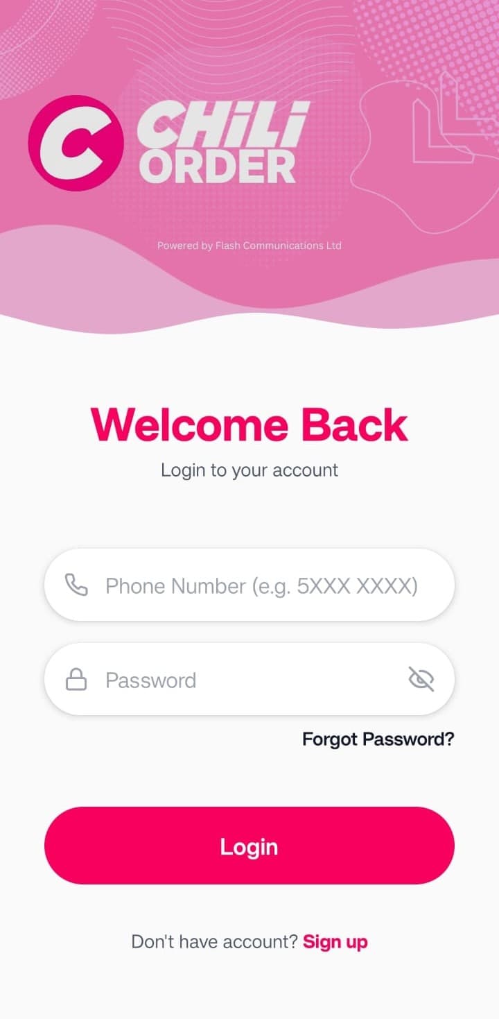 Chili Order Reseller Mobile App - Login Screen